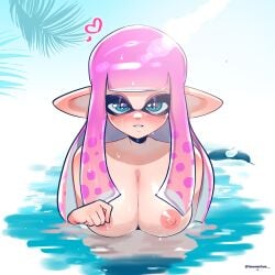 ! 1girls 2won2 ? alternate_version_at_source bedroom_eyes big_breasts bikini_top bikini_top_removed blue_eyes blush breasts cleavage female heart inkling inkling_girl light-skinned_female light_skin long_hair looking_at_viewer nintendo nipples palm_leaf palm_tree partially_submerged pink_hair solo splatoon splatoon_(series) summer tentacle_hair twowontwo water