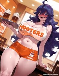 @_@ ahoge ai_generated alternate_breast_size balecxi blush breasts cleavage crop_top cup female hairband hex_maniac hex_maniac_(pokemon) holding_tray huge_breasts long_hair looking_at_viewer midriff mug navel no_legwear open_mouth orange_shorts pokemon pokemon_xy purple_hair short_shorts smile solo sweat tank_top thighs tray waitress