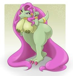 1:1 2025 3_toes anthro areola big_breasts breasts cellulite claws crocodilian digital_media_(artwork) donkey_kong_(series) ear_piercing erect_nipples fangs feet female green_nipples hip_grab kalypso kremling looking_at_viewer nintendo nipples non-mammal_breasts non-mammal_nipples nude open_mouth orange_background piercing red_eyes reptile rougethedaisy scalie shadow sharp_teeth simple_background solo tagme teeth toe_claws toes tongue yellow_background