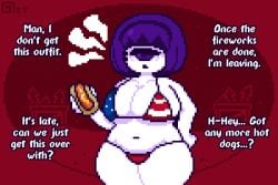 1_eye 1girls american_flag american_flag_bikini annoyed bikini breasts cleavage cyclops female female_only food hair_ornament hotdog maid_bikini micro_bikini navel octette_(octotron2000) octotron2000 pixel_art plump purple_hair short_hair solo solo_female text thick_thighs thong white_body wide_hips