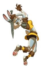 animal_ears animal_feet anthro anthro_female anthro_only armor armored_female ass belly_button belt big_ass big_breasts black_shorts blue_skin boots breasts brown_belt brown_boots brown_gloves brush_rush bunny bunny_ears bunny_girl bunny_tail bunnygirl exposed_belly_button eyelashes feet feet_focus female female_anthro female_focus female_furry fur furry furry_female furry_only gloves golden_eyes guilherme_freitas hair happy highres holding_object holding_sword holding_weapon huge_ass huge_breasts koh_ellya midriff non_sexual oc original original_character paws scar scars short_hair short_shorts shorts shoulder_armor shoulder_pads slim slim_waist smile sword tail thick_eyelashes thick_thighs two_color_fur warrior white_background white_hair yellow_eyes