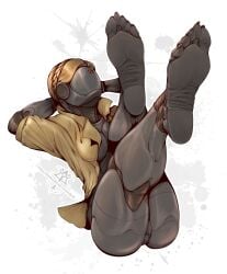 2023 artist_logo ass ass atomic_heart barefoot big_ass big_butt blonde_hair breasts clothed clothing faceless faceless_character faceless_female feet female foot_fetish foot_focus hair hi_res humanoid humanoid_feet jacket kredri machine metallic_body plantigrade right_(atomic_heart) robot robot_girl robot_humanoid soles solo solo_female star star_(symbol) toes wrinkled_feet wrinkles yellow_jacket