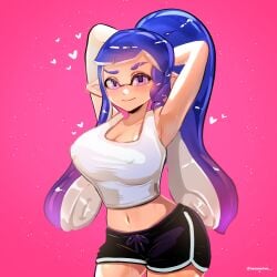 2won2 arms_behind_head artist_signature big_breasts black_shorts blue_hair blush braid breasts cleavage dolphin_shorts erect_nipples_under_clothes eyebrow_cut heart heart hourglass_figure inkling inkling_girl long_hair looking_at_viewer midriff navel nintendo nipples_visible_through_clothing pink_eyes ponytail shorts smile splatoon splatoon_(series) splatoon_3 tank_top twowontwo wide_hips
