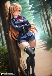 ai_generated belt black_footwear black_thighhighs blonde_hair blue_skirt bow bowtie breasts closed_mouth crossed_arms day female forest full_body gloves high_resolution highres jacket large_breasts loafers long_hair long_sleeves miniskirt nakiri_erina orange_hair outdoors pencil_skirt pout purple_eyes shirt shoes shokugeki_no_souma skirt solo stable_diffusion standing thick_thighs thighhighs thighs tree uniform waifuscans418 watermark white_gloves white_shirt zettai_ryouiki