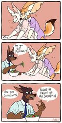 ! ... 2017 ? anal anal_sex angry anthro ass beth_(artist) big_ears bite bottomless breath buckteeth canine clothed clothing comic dialogue eating english_text fangs fennec food fork fox from_behind_position fur gay half-closed_eyes heart hi_res humor in_front_of_my_salad lagomorph long_ears looking_back looking_down male mammal meme necktie notched_ear penetration pink_eyes purple_eyes question rabbit right_in_front_of_my_salad right_in_front_of_my_salad?_(meme) salad sex sharp_teeth shirt sitting smile standing stare teeth text whiskers yaoi yelling