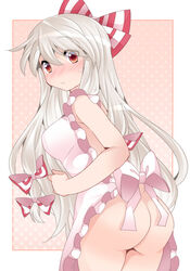 apron ass blush bow breasts female fujiwara_no_mokou hadaka_apron hammer_(sunset_beach) large_breasts long_hair looking_at_viewer multicolored_bow naked_apron platinum_blonde_hair red_eyes silver_hair solo touhou white_hair