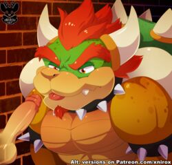 2boys anthro balls bara beard bowser close-up collar disembodied_penis erection facial_hair hair half-closed_eyes horn humanoid_penis king koopa looking_down male male_on_male male_only mario_(series) masculine_male multiple_boys muscular nintendo nude orange_eyes pecs penis royalty scalie see-through see-through_penis sharp_teeth shell solo_focus spikes teeth tongue tongue_out triceps video_games xnirox yaoi