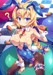 1girls ? armpits blazblue blonde_hair breasts bunnysuit carrot es_(xblaze) fake_animal_ears food large_breasts leotard looking_at_viewer pantyhose sitting solo toraishi_666 xblaze xblaze_code:_embryo