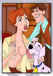 101_dalmatians anita_radcliffe blue_eyes breasts brown_hair closed_eyes disney dog erection female feral human husband husband_and_wife licking lipstick male nipples open_mouth open_shirt perdita roger_radcliffe smile teeth tongue wife yaoinami zoophilia