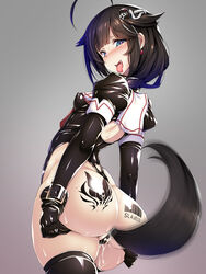 1girls ahoge ass ass_tattoo barcode barcode_tattoo black_hair blue_eyes blush brainwashing buttplug buttplug_tail collar corruption dark_persona earrings female female_only gloves gradient gradient_background hair_ornament hair_over_shoulder heart heart-shaped_pupils highleg highleg_leotard highres jewelry kantai_collection latex leotard looking_at_viewer looking_back motion_blur open_mouth pussy_juice sailor_collar sex_slave shigure_(kantai_collection) shinkaisei-kan slave slavegirl solo standing symbol-shaped_pupils tail tattoo thighhighs tongue tongue_out torisan