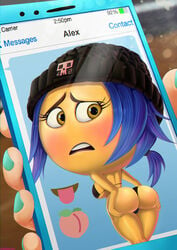 2d ass bare_shoulders beanie bikini bikini_bottom bikini_top blue_hair blush bra breasts cellphone cellphone_picture cleavage color covered_breasts covered_nipples emoji emoji_(race) female female_only hat jailbreak looking_back open_mouth panties ponytail shadman short_hair sideboob skull the_emoji_movie yellow-skinned_female yellow_skin