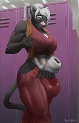 1futa animal_genitalia anthro breasts bulge clothed clothing dickgirl feline fully_sheathed furry futa_only futanari hyper hyper_sheath intersex locker_room mammal muscular sheath shintori smile solo solo_futa standing tail towel