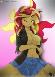 anthro blue_skirt cleavage edonova equestria_girls female friendship_is_magic kneeling my_little_pony open_shirt short_skirt solo sunset_shimmer unicorn