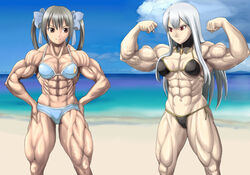 2girls abs beach biceps bikini black_hair bow breasts brown_eyes cleavage extreme_muscles female female_only long_hair maro_(m-k4) muscles muscular_female navel pose red_eyes thong twintails veins white_hair