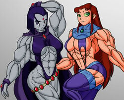 2girls abs biceps big_muscles black_hair blue_eyes breasts brown_hair cape dc dc_comics extreme_muscles female female_only fingerless_gloves gloves green_eyes muscular muscular_female rachel_roth raven_(dc) rssam000 starfire teen_titans