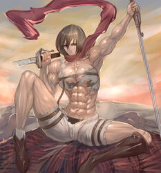 abs attack_on_titan black_hair boots brown_eyes cleavage female female_only looking_at_viewer mikasa_ackerman muscles muscular muscular_female navel sainticon scar solo sword torn_clothes veins weapon