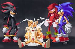 2009 balls blue_fur bukkake cum furry hedgehog knuckles_the_echidna mammal penis purplekecleon shadow_the_hedgehog sonic_(series) sonic_the_hedgehog tails team_sonic yaoi