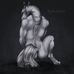 2017 absurd_res anthro anus ass back_muscles backsack balls biceps biped black_background blue_eyes crouching digital_media_(artwork) equine full-length_portrait grass greyscale hi_res hooves horse looking_at_viewer looking_back male male_only mammal mane monochrome muscular muscular_male nude perineum portrait rear_view riche signature simple_background solo spot_color underhoof venlightchaser