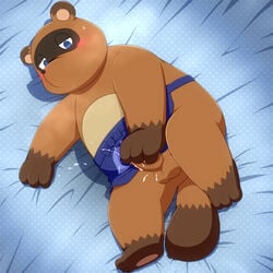 animal_crossing anthro apron bed blush furry male male_only mammal masturbation nintendo penis penta002 slightly_chubby solo tanuki tom_nook