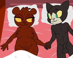 anthro balls bear bed black_fur breasts brown_fur danny_(nitw) feline feline female fourball fur hand_holding hi_res male mammal multicolored_fur night_in_the_woods nude penis pillow pussy selmers_(nitw) sweat two_tone_fur white_fur yellow_sclera