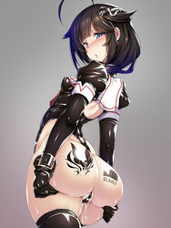 1girls ahoge ass ass_tattoo barcode barcode_tattoo black_hair blue_eyes blush bubble_ass collar corruption dark_persona earrings fat_ass female female_only gloves gradient gradient_background hair_ornament hair_over_shoulder heart heart-shaped_pupils highleg highleg_leotard highres huge_ass jewelry kantai_collection latex leotard looking_at_viewer looking_back open_mouth pussy_juice sailor_collar sex_slave shigure_(kantai_collection) shinkaisei-kan slave slavegirl solo standing symbol-shaped_pupils tattoo thighhighs torisan