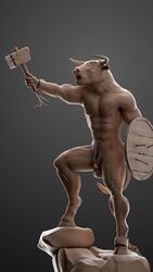 2017 3d abs anatomically_correct animal_genitalia animal_penis anthro balls biceps blender hastegan hooves male male_only mammal melee_weapon muscular muscular_male nipples nude open_mouth pecs penis sculpting sculpture simple_background solo standing tongue weapon