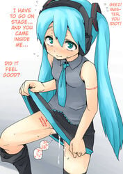 after_sex aqua_eyes aqua_hair bad_id blush body_writing cum cum_in_pussy cumdrip female hard_translated hatsune_miku long_hair man_(man-room) necktie pussy_juice skirt skirt_lift smile solo sweatdrop thighhighs translated twintails vocaloid