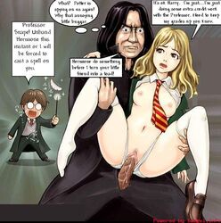 1girls artist_request carrying carrying_partner caught censored clothed_sex crying dialogue drool english_text female gryffindor gryffindor_tie harry_james_potter harry_potter hermione_granger male pussy severus_snape sex slytherin speech_bubble spread_legs straight tear tears text thought_bubble wand witch_(harry_potter)