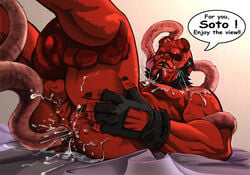 anal ass bara dark_horse hellboy hellboy_(series) kupopo looking_at_viewer male male_only muscles nude penis_tentacle red red_skin soto tent tentacle tentacle_on_male text yaoi