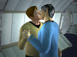 3d gay james_t._kirk spaceship spaceship_interior spock star_trek star_trek_the_original_series starfleet_uniform tagme vulcan_(species) yaoi