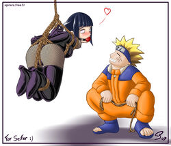 1boy 1girls blonde_hair blue_hair blush bondage crotch_rope gag heart hyuuga_hinata hyuuga_hinata(genin) love naruto naruto_(classic) piroro smile straight_hair suspension text thighhighs uzumaki_naruto