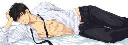 abs arm_support black_hair blue_eyes dakimakura dakimakura_design gintama glasses hijikata_toshiro ken_dog looking_at_viewer male male_only official_alternate_costume on_side open_pants open_shirt smile solo suit toned toned_male undone_necktie