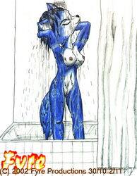 2002 anthro black_hair blue_fur breasts closed_mouth color female female_only fox fur furry furry_breasts furry_ears furry_tail fyre hair indoors krystal nintendo nipples nude pointy_ears short_hair shower solo standing star_fox tail vulva washing water wet white_fur