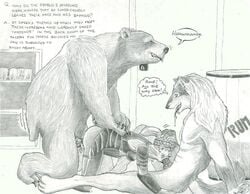 1girls 2boys amazon amazon_(diablo) anthro anthro_on_female anthro_on_human black_and_white blowjob diablo diablo_2 doggy_style druid english_text female human male male/female male_anthro/female_human oral text text_bubble threesome werebear werewolf