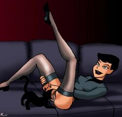 1girls arms batman:_the_animated_series batman_(series) black_hair blue_eyes catwoman catwoman_(dcau) dc_comics dcau female female_only feral hands high_heels legs legs_up lips lipstick miravi open_mouth pussy selina_kyle short_hair smile stockings teeth the_new_batman_adventures zoophilia