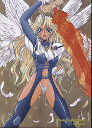 1girls 2002 angel armor bastard!! blonde_hair breasts cowboy_shot curvaceous dark-skinned_female dark_skin female highleg_panties humanoid inanaki_shiki large_breasts long_hair looking_at_viewer michael_(bastard!!) shounen_jump solo standing sword text thick_thighs wide_hips wings