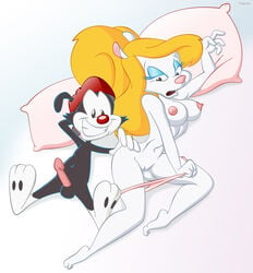 animaniacs anthro black_fur breasts color female fur furry hat interspecies male minerva_mink mink nipples nude penis size_difference smile tagme tapdon vulva wakko_warner white_fur