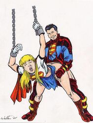 1boy 1girls 2001 adam_walters ass blonde_hair bondage chains closed_eyes clothed_sex conner_kent dc_comics doggy_style female from_behind gloves human human_only kon-el light-skinned_female light-skinned_male light_skin linda_danvers male rape restrained steel_bondage straight superboy supergirl superman_(series) tebra