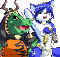 anthro armor armpit blue_fur blue_hair breasts claws clothes color covering female fox fur furry furry_breasts furry_ears furry_tail general_scales green_skin hair interspecies krystal lizard lizardman male navel nintendo open_eyes open_mouth pointy_ears sharpclaw short_hair slave star_fox straight tail teal_eyes torn_clothes white_background white_fur wink yellow_eyes