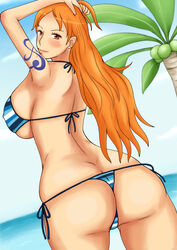 alone ass ass_cleavage back bare_shoulders beach bikini blush breasts brown_eyes butt_crack curvy earring female female_only hips huge_breasts large_ass long_hair mamo momo_765 nami nami_(one_piece) nipples one_piece orange_hair pose sea smile solo tattoo thighs tree wide_hips