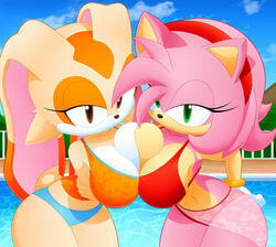 2girls amy_rose anthro arms_crossed ass asymmetrical_docking bedroom_eyes big_ass big_breasts big_butt bikini bimbo bra breast_squish breasts breasts_to_breasts cleavage cream_fur cream_hair cream_the_rabbit eyelashes female female_only furry green_eyes huge_breasts looking_at_viewer orange_fur orange_hair panties pink_fur pink_hair pool rabbit see-through see-through_swimsuit sega slickehedge sonic_(series) sonic_the_hedgehog_(series) swimming_pool swimsuit tail top underwear water