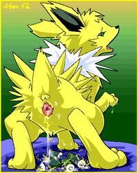 anus back_view battery color electricity female female_only feral fur jolteon meru nude pokemon pussy_juice solo tagme vulva