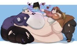 2girls angela_(lobotomy_corporation) bbw book feeding female_only ffa5 huge_breasts library_of_ruina malkuth_(lobotomy_corporation) obese obese_female overweight overweight_female project_moon ssbbw weight_gain