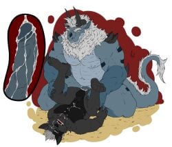 anthro athletic bodily_fluids canid canine canis cum cum_inside dragon duo ejaculation forced genital_fluids genitals hair heusebio_(hunterramirez) hi_res horn hunterramirez lizard male male/male mammal muscular mythological_creature mythological_scalie mythology penis rape reptile scalie sex slightly_chubby smile wolf