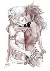 2girls dark-skinned_female eclair_farron final_fantasy final_fantasy_xiii fully_clothed lesbian midriff oerba_yun_fang_(ff_xiii) tattoo yuri