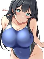 1girls agano_(kantai_collection) black_hair black_one-piece_swimsuit blue_one-piece_swimsuit blush breasts competition_swimsuit covered_navel dated female female_only green_eyes highleg highleg_one-piece_swimsuit highres huge_breasts impossible_clothes impossible_swimsuit kantai_collection large_breasts long_hair looking_at_viewer montemasa multicolored_swimsuit one-hour_drawing_challenge one-piece_swimsuit open_mouth solo solo_female swimsuit twitter_username two-tone_swimsuit