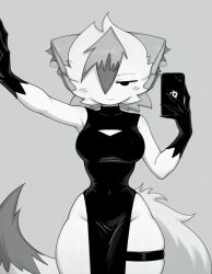 bodysuit greyscale haruka_(haruka._coffee) holding_phone jitome monochrome selfie simple_background simple_eyes simple_shading thick_thighs