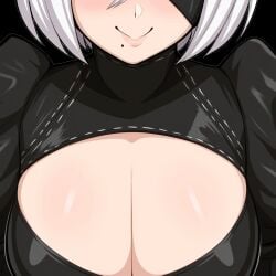 1girls ai_generated alternate_breast_size big_breasts breast_focus breasts chest close-up female huge_breasts large_breasts mullon nier:_automata novelai paulinebabe smile solo yorha_2b