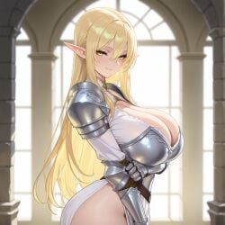 ai_generated armor armored_dress armored_female blonde_hair elf elf_ears elf_female huge_breasts kao140522 knight long_hair pointy_ears wide_hips yellow_eyes