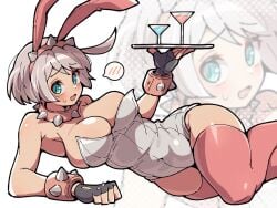 animal_ears bare_shoulders blue_eyes blush bob_cut breasts cleavage cocktail_glass cup drinking_glass elphelt_valentine fake_animal_ears fake_tail female full_body grey_hair guilty_gear holding holding_tray itsuka_neru large_breasts leotard lying on_side pink_thighhighs playboy_bunny rabbit_ears rabbit_tail speech_bubble spoken_blush strapless strapless_leotard tail thighhighs tray white_background white_leotard zoom_layer